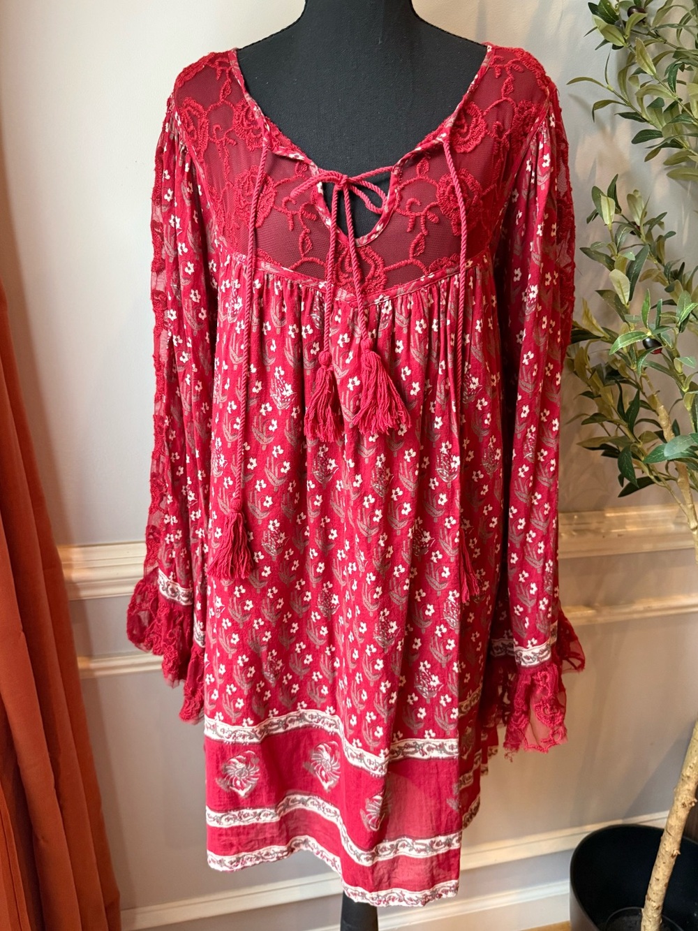 Free People Red Floral Lace-Detail Mini Dress